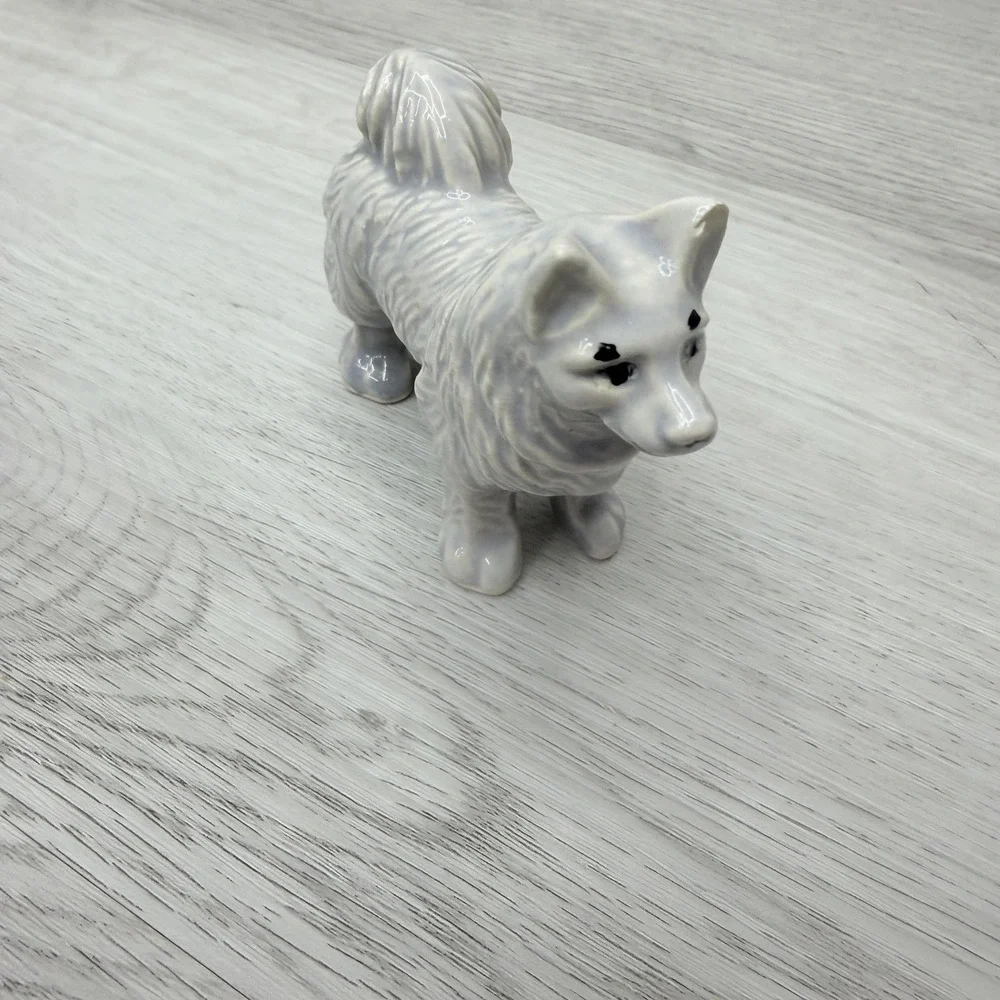 Porcelain Dog Figurine Husky Samoyed Standing White Gray Vintage Cottagecore 3in